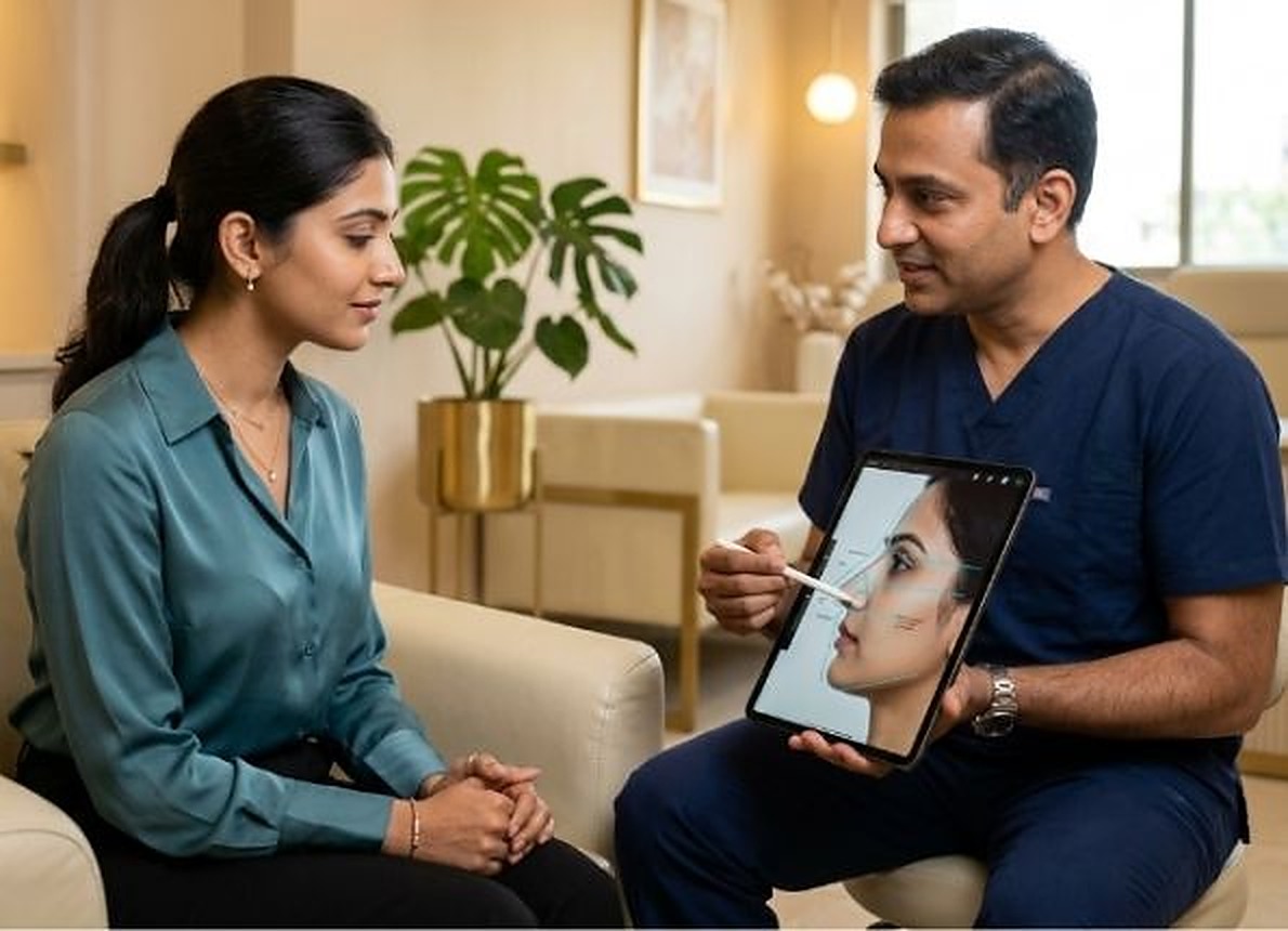 Dr. Gunasekar Vuppalapati performing a 3D nose simulation consultation at GVG Invivo Hospitals
